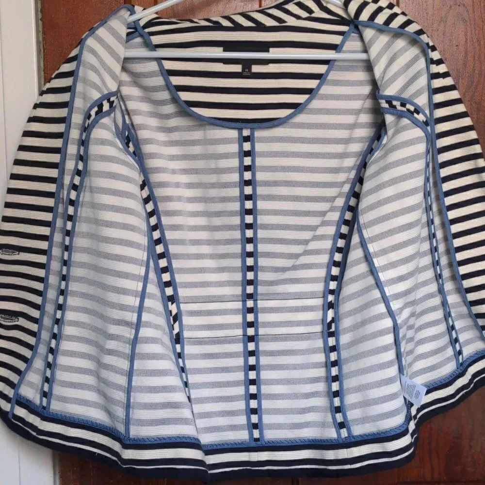 Talbots Black + Cream Striped Cotton Blend Blazer Sz M